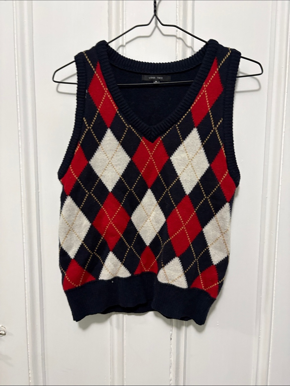 Love Tree Navy Argyle V-Neck Sweater Vest with Red & White Diamonds